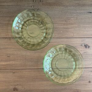 Vintage Vaseline Green Glass Optical Block Pattern Saucer Plates (2)